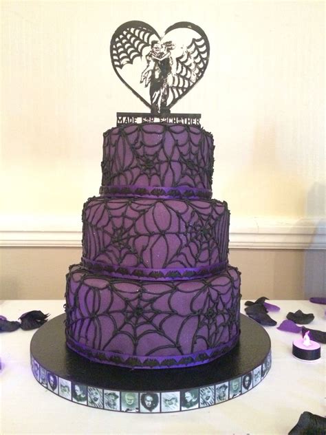 Purple And Black Sparkly Spiderweb Goth Wedding Cake With Bats And