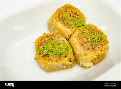 Turkish Baklava In The Form Of Rolls With Pistachio Stock Photo Alamy