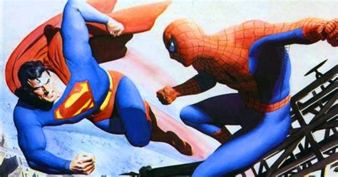 artist alex ross celebrates dc and marvel s first superhero crossover with superman vs spider