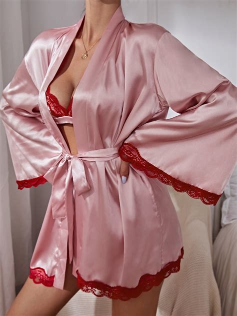 Baby Pink Elegant Long Sleeve Satin Colorblock Robe Sets Embellished