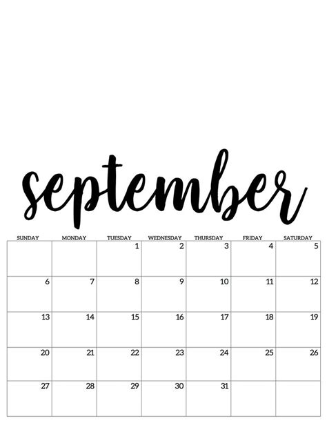 A Black And White Calendar With The Word September Written In Cursive