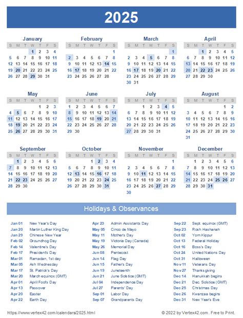 2025 Calendar With Holidays Printable Printable Calen