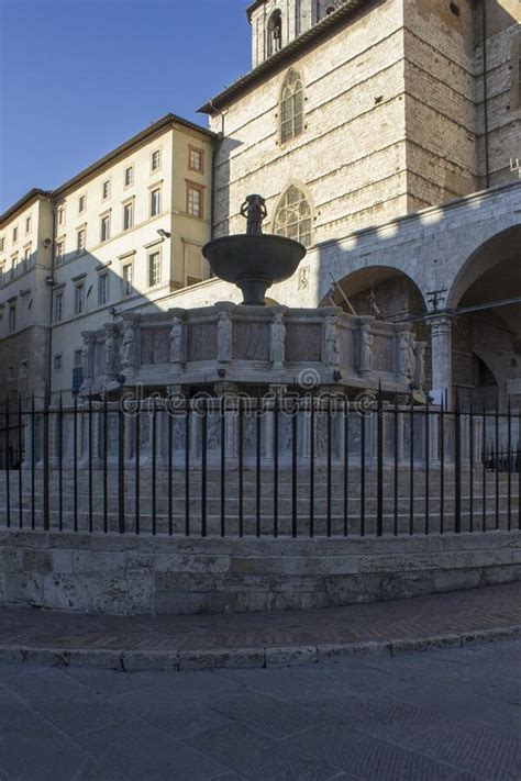 Fontana Maggiore Fountain In Perugia With Duomo Cathedral Behind Stock
