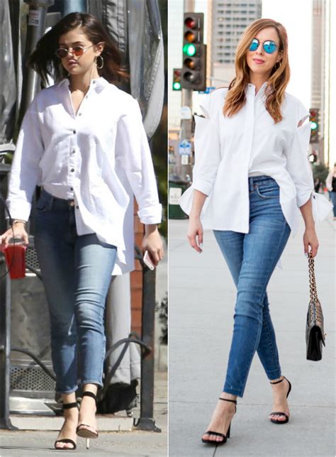 Selena Gomezs White Button Down Shirt And Jeans Celebrity Fashion