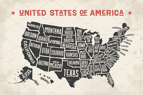 Poster Map United States Of America With State Names Illustrations