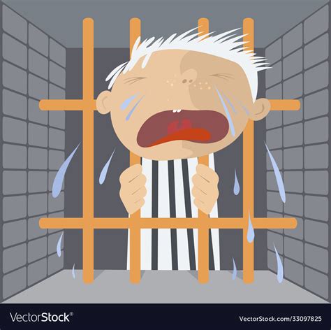Crying Prisoner Stays Behind Bars Royalty Free Vector Image