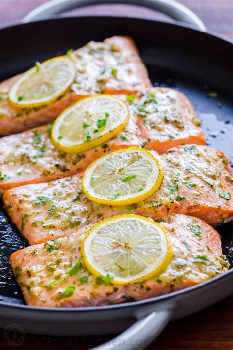 This baked salmon recipe is easy to customize with your favorite seasonings, and takes less than 15 minutes from start to finish. Baked Salmon with Garlic and Dijon (VIDEO) - NatashasKitchen.com