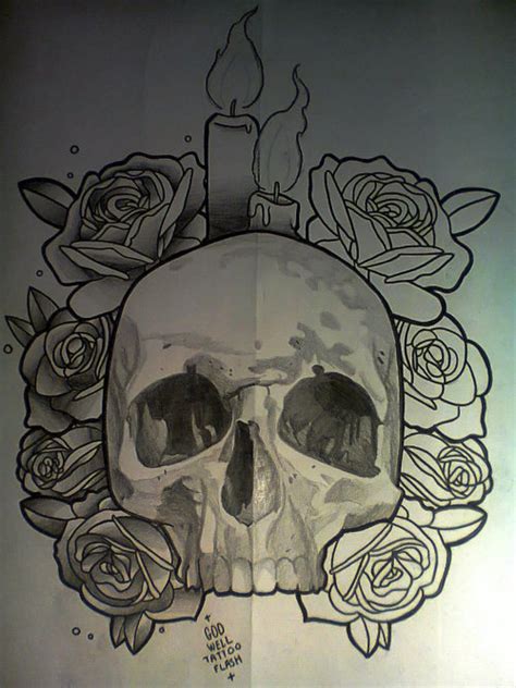 Old School Godwells Skull Tattoo Sketch Design