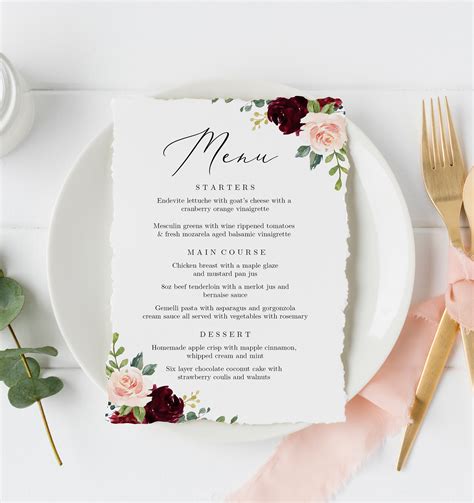 Wedding Menu Cards Wedding Dinner Menu Card Template Fully Etsy
