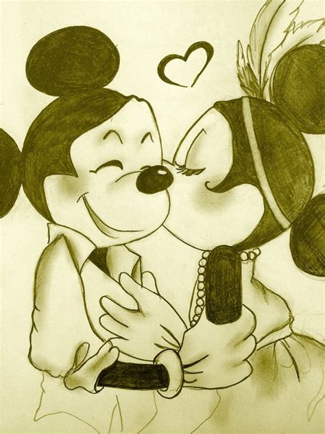 Pencil Drawing Of Minnie Kissing Mickey Mouse By Savyraskeyart