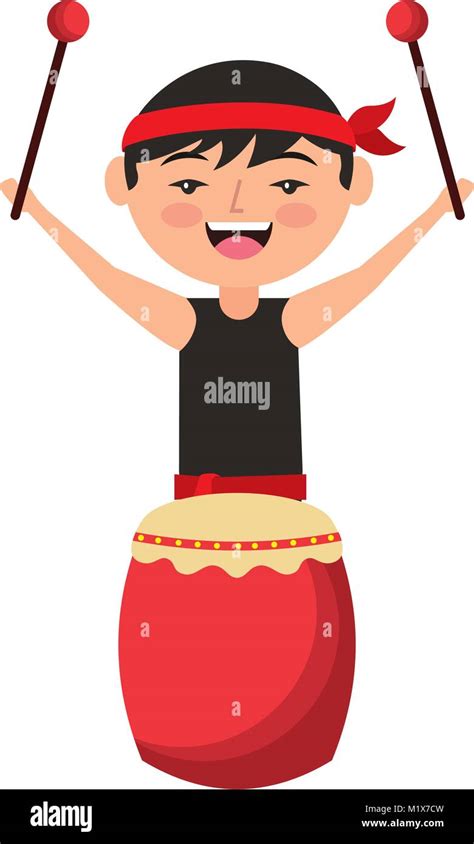 Funny Cartoon Chinese Man Standing With Drum And Sticks Stock Vector