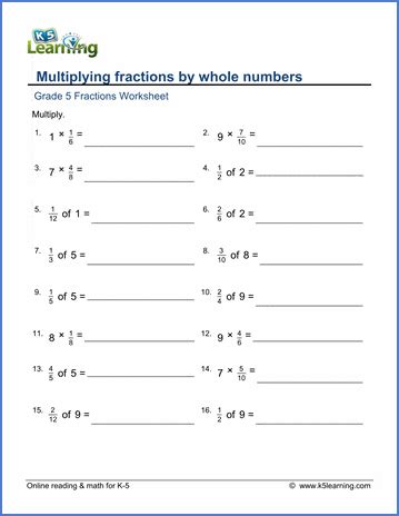 grade 5 math worksheets multiplying fractions by whole
