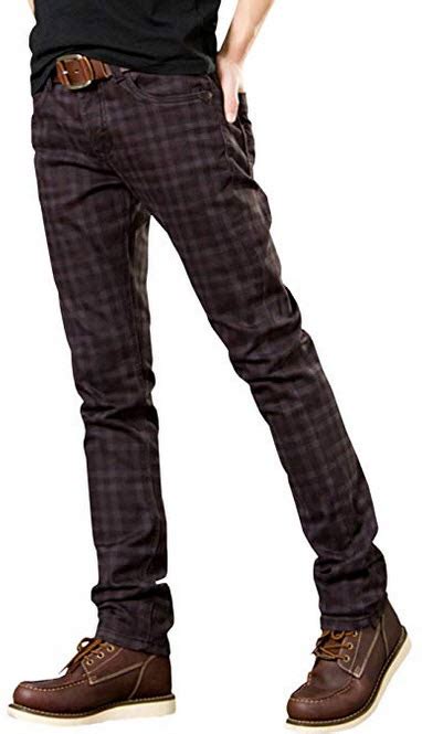 Hengao Mens Stretch Tapered Plaids Jeans Wine Red Fashionmethat