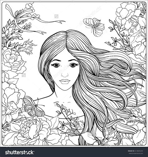 Supercoloring.com is a super fun for all ages: Young beautiful girl with long hair in roses garden. Stock ...