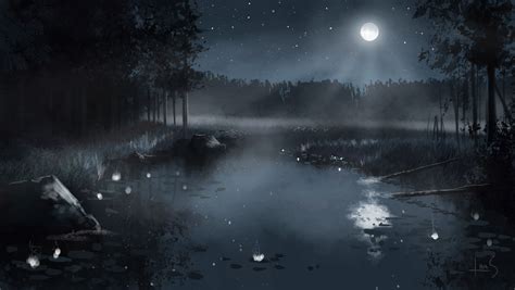 Wallpapers Pond Painting Art Night Moon Nature Image 461943 Download