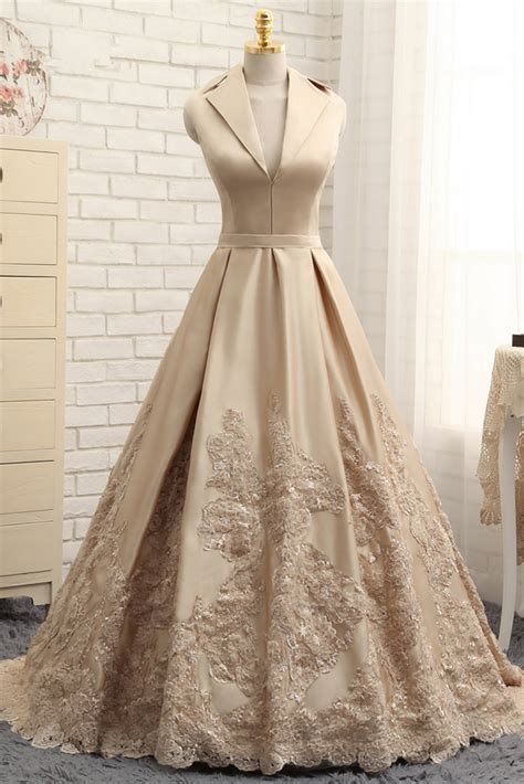 A Line V Neck Satin Appliques Lace Prom Gown Long Formal Evening Dress