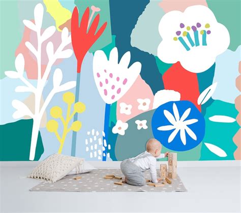 Bold Floral Wall Mural Abstract Floral Wallpaper Cut Out Etsy