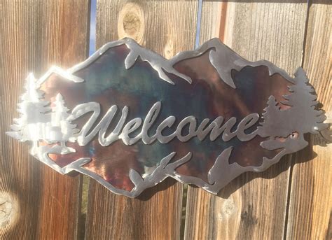 2d Reflecting Mountain Welcome Sign Metal Art Welcome Sign Etsy