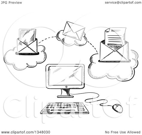 Clipart Of A Black And White Sketched Desktop Computer And
