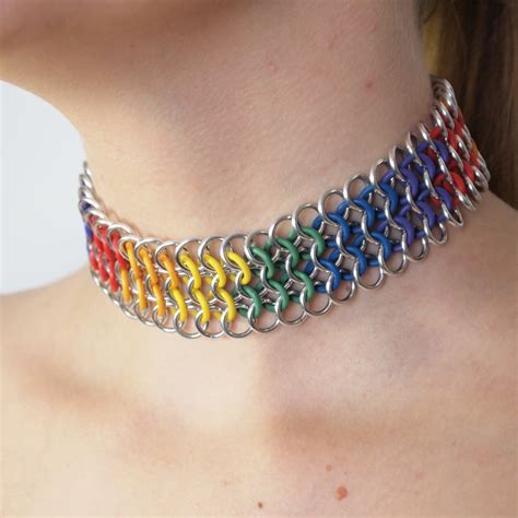 Rainbow Chainmail Choker Handmade Stretchy Necklace In Etsy Chokers