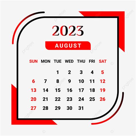 Kırmızı Ve Siyah Ile 2023 Ağustos Ay Takvimi Aylık Takvim 2023