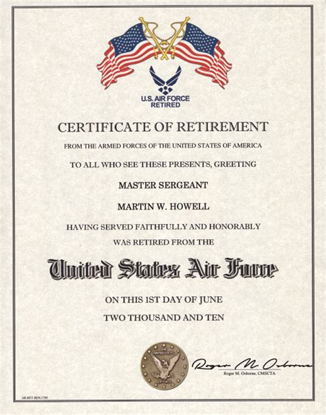 Retirement Certificate Us Air Force
