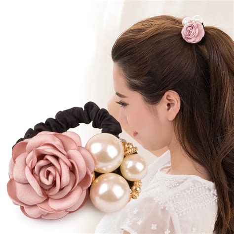 Korean Fashion Women Hair Ornaments Big Pearl Rose Flower Hair Rubber Bands Camellia Hair Rope