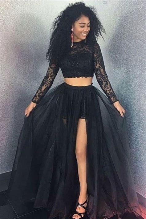 Black Lace Two Pieces Tulle Long Prom Dress Long Sleeves Black Girls