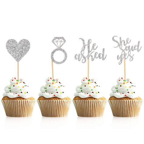 Buy Donoter Pcs Silver He Asked She Said Yes Cupcake Toppers Diamond Ring Heart Cake Picks