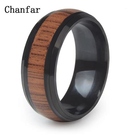 Chanfar Vintage Never Fade Black Stainless Steel Wood Grain Ring Women