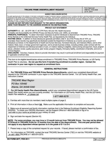 Fillable Dd Form 2877 Tricare Prime Disenrollment Request Printable