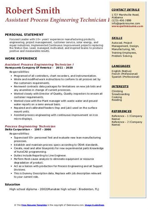 Motivated problem solver with general knowledge of hospitality, customer service, accounting, handyman skills. Process Engineering Technician Resume Samples | QwikResume