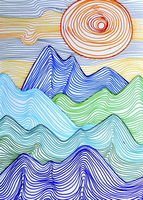 A Drawing Of Mountains And Waves With The Sun In The Sky Above Them On