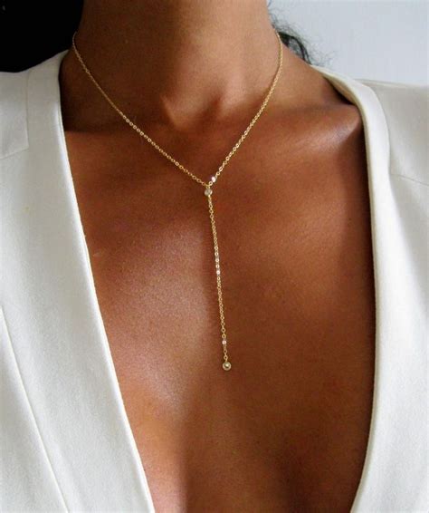 Cz Diamond K Gold Lariat Y Necklace Pearl Drop Cz Option Etsy