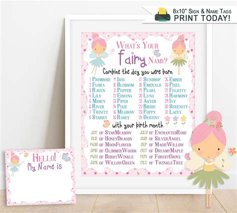 Whats Your Fairy Name Game Printable Sign And Name Tags Etsy