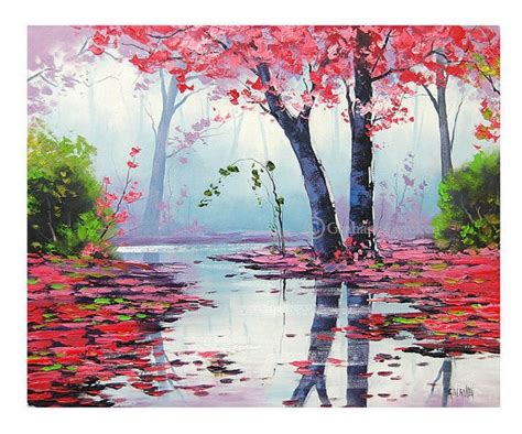 Pink Wall Art Decor Tree Paintings Pink Landscape Trees River