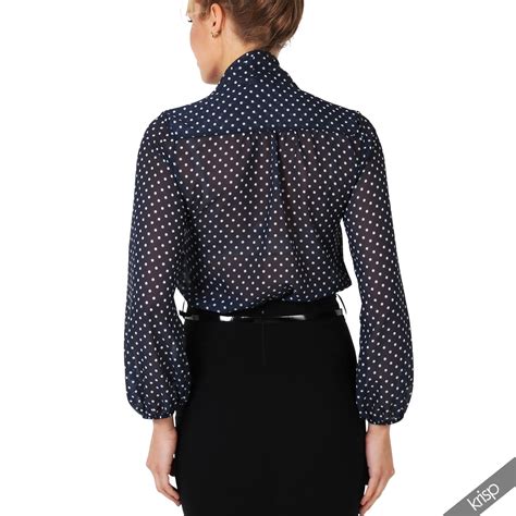 Women Retro Polka Dot Pleated Pussy Bow Tie Chiffon Blouse Top Button Shirt Work Ebay