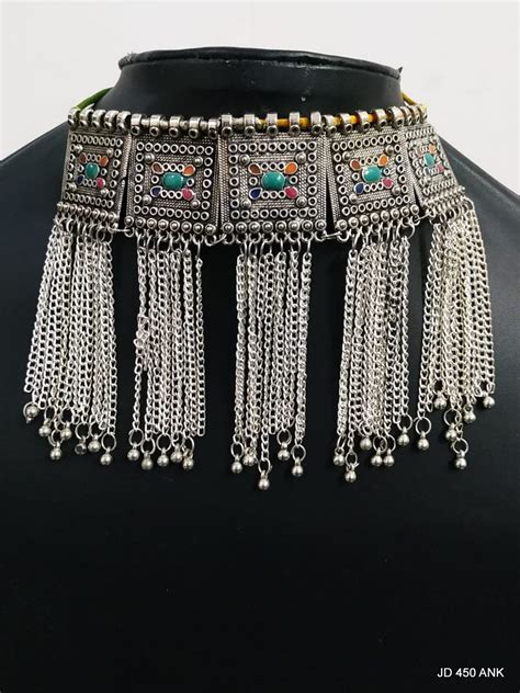 Silver Oxidized Afghani Choker Necklace And Earrings Turkish Etsy