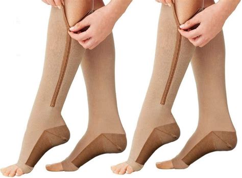 Bcurb Zippered Medical Compression Socks 2 Pair Open Toe Zipper Stockings Clothing