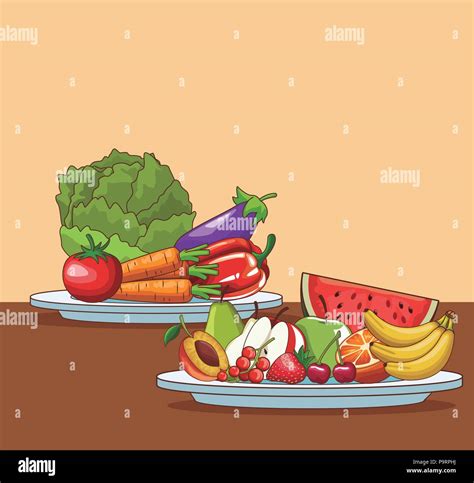 Healthy Food On Table Cartoons Vector Illustration Graphic Design Stock