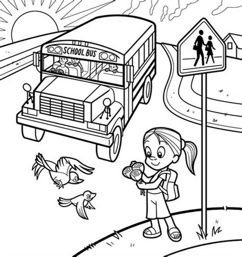A Cute Little Girl Waiting For School Bus Coloring Page Kids Play Color
