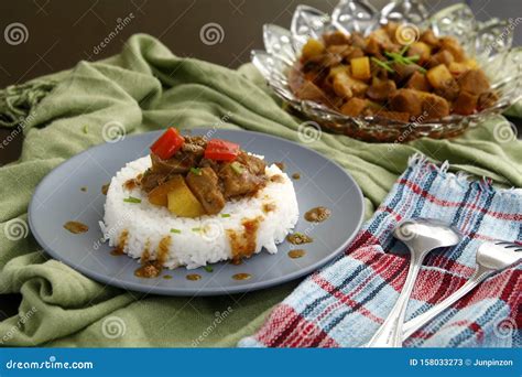Filipino Dish Called Menudo Or Pork With Potato And Red Bell Pepper