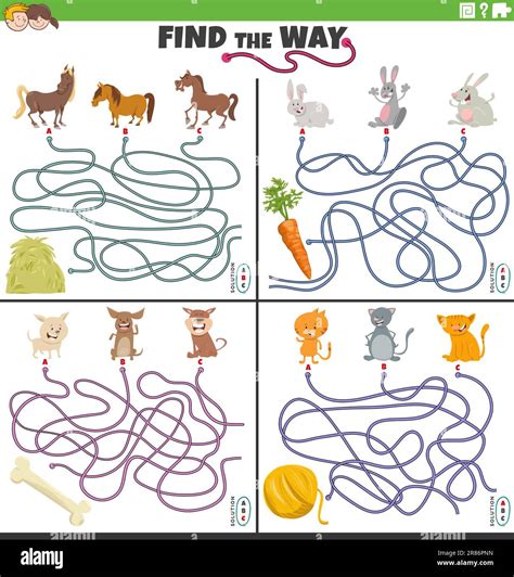 Cartoon Illustration Of Find The Way Maze Puzzle Games Set With Animal