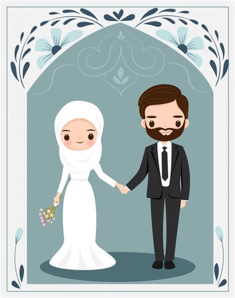Nette Moslemische Paare Mit Blumenrahmen Für Hochzeitseinladungskarte Premium Vektor Bride