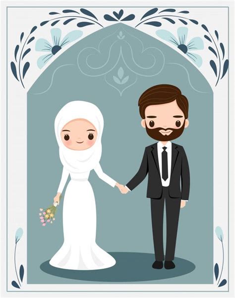 Salah satu yang membedakan muslimah dengan wanita lainnya yaitu menggunakan kerudung atau hijab. Muslim Bride And Groom Cartoon Characters Illustration di ...