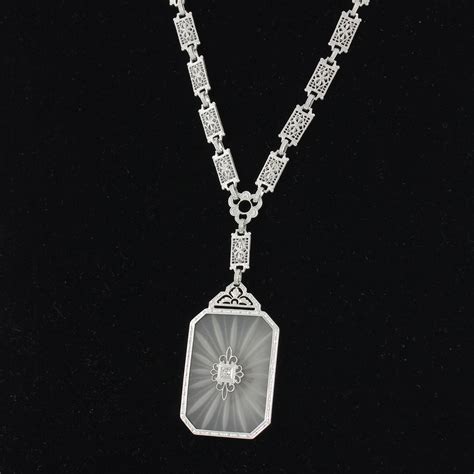 Art Deco Filigree Necklace Rock Crystal Diamond Pendant Edwardian 10K