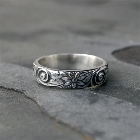 Flower Spiral Sterling Silver Ring Band Etched Patterned Etsy