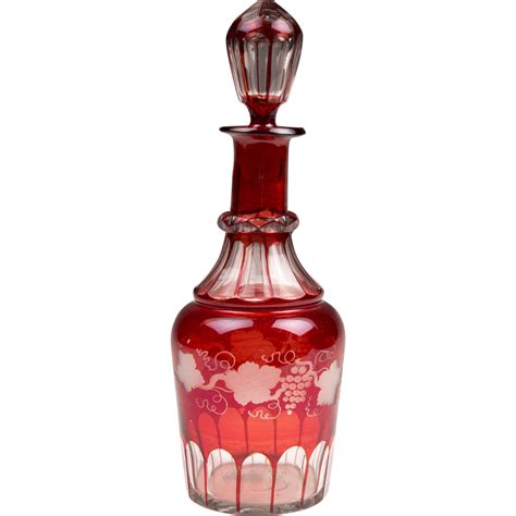 Late 19th C Bohemian Ruby Glass Etched Wine Decanter From Designcorner On Ruby Lane