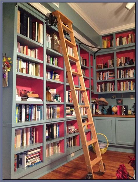 Rolling Library Ladder For Bookshelf Wall Could Diy Add Shelf Halfway