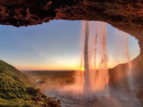 Midnight Sunset From Behind A Waterfall In Iceland Rpics